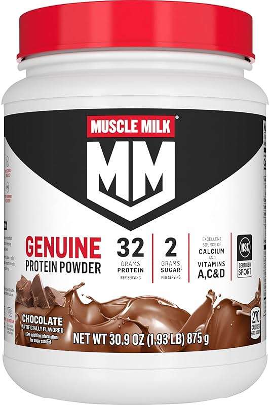 Muscle Milk Genuine Protein Powder, Chocolate, 1.93 Pounds, 13 Servings, 32g Protein, 2g Sugar, Calcium, Vitamins A, C & D, NSF Certified for Sport, Energizing Snack, Packaging May Vary - Image 1