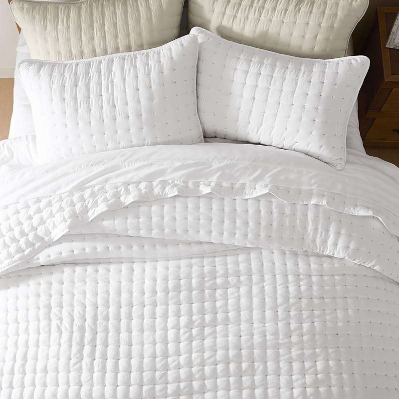 WDCOZY White Queen Size Quilt Bedding Sets with Pillow Shams, Lightweight Soft Bedspread Coverlet, Quilted Blanket Thin Comforter Bed Cover, All Season Summer Spring, 3 Pieces, 90x90 inches - Image 3