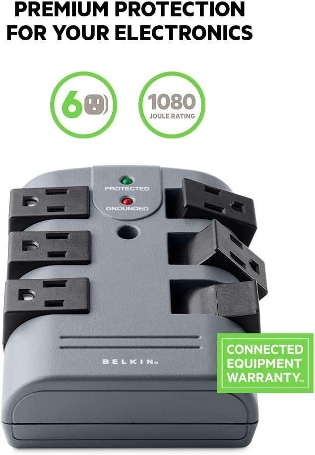 Belkin 6-Outlet Pivot-Plug Surge Protector w/ Wall Mount - Ideal for Mobile Devices, Personal Electronics, Small Appliances and More (1,080 Joules) - 5 Pack - Image 2