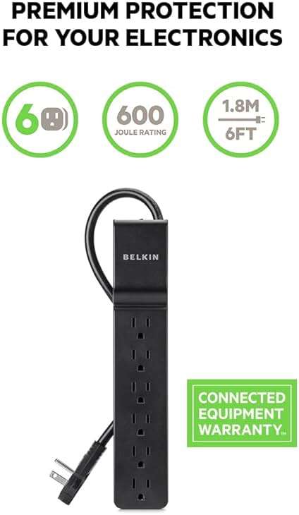 Belkin Power Strip Surge Protector with 6 AC Multiple Outlets - Flat Rotating Plug, 6 ft Long Heavy-Duty Extension Cord for Home, Office, Travel, Computer Desktop & Charging Brick (600 Joules) 3PK - Image 2