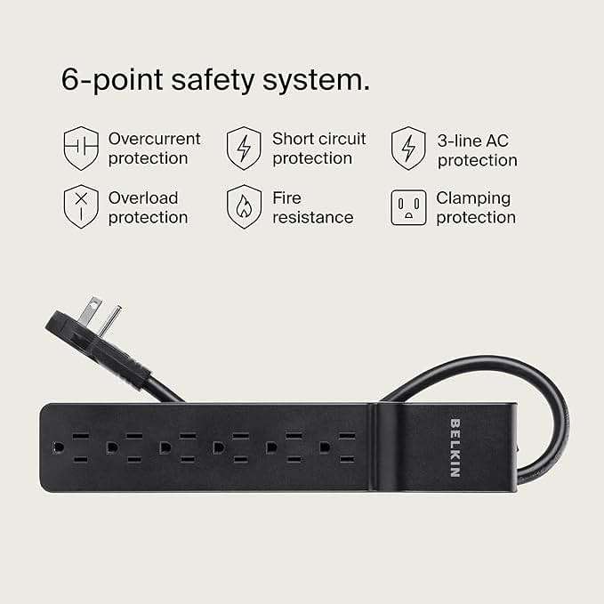 Belkin Power Strip Surge Protector with 6 AC Multiple Outlets - Flat Rotating Plug, 6 ft Long Heavy-Duty Extension Cord for Home, Office, Travel, Computer Desktop & Charging Brick (600 Joules) 3PK - Image 3
