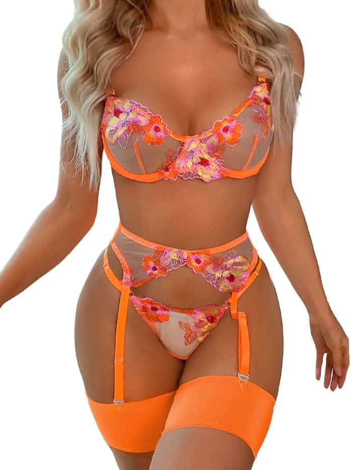 Kaei&Shi Floral Embroidered Garter Belt Set,Sheer Lingerie Sets for Women Sexy,Wedding Night Valentines Boudoir Outfits - Image 1