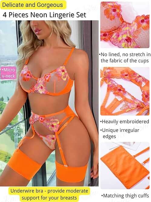 Kaei&Shi Floral Embroidered Garter Belt Set,Sheer Lingerie Sets for Women Sexy,Wedding Night Valentines Boudoir Outfits - Image 3