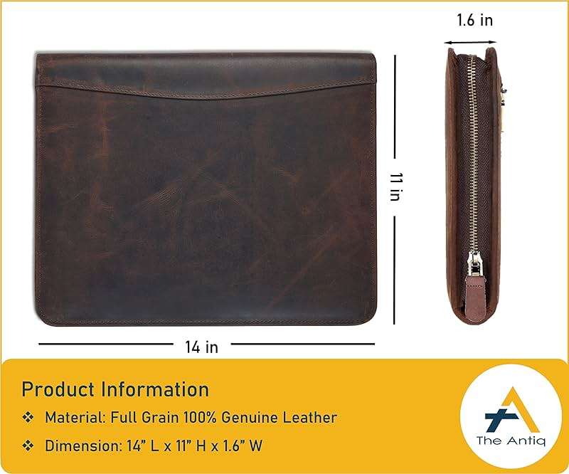 TheAntiq Genuine Leather Padfolio Zipper Portfolio with 13 Inch Laptop Pocket, Professional Business Organizer for Documents, Cards & Writing Pad, A4/Letter Size Portfolio Folder - Image 3
