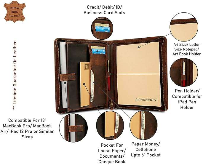 TheAntiq Genuine Leather Padfolio Zipper Portfolio with 13 Inch Laptop Pocket, Professional Business Organizer for Documents, Cards & Writing Pad, A4/Letter Size Portfolio Folder - Image 4