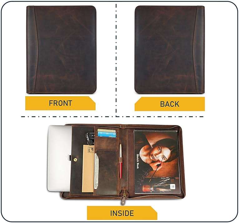 TheAntiq Genuine Leather Padfolio Zipper Portfolio with 13 Inch Laptop Pocket, Professional Business Organizer for Documents, Cards & Writing Pad, A4/Letter Size Portfolio Folder - Image 5