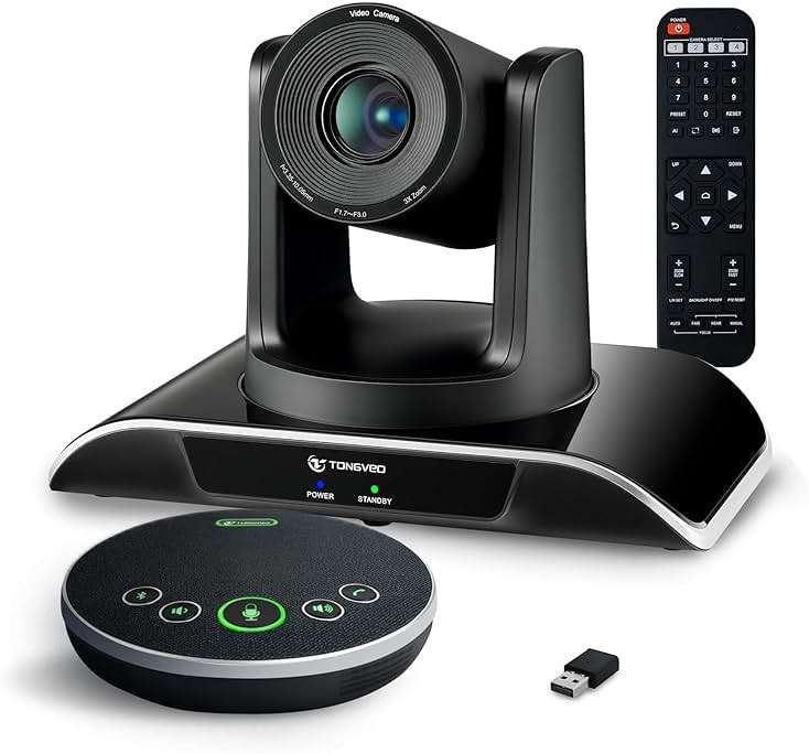 TONGVEO All-in-One Conference Room Video Camera System Al Auto-Tracking HD1080P 60fps 3X Optical Zoom USB3.0 HDMI PTZ Camera and Bluetooth Conference Speakerphone with Microphones - Image 1