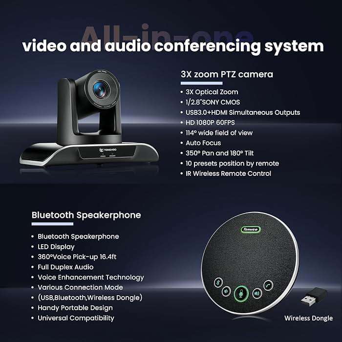 TONGVEO All-in-One Conference Room Video Camera System Al Auto-Tracking HD1080P 60fps 3X Optical Zoom USB3.0 HDMI PTZ Camera and Bluetooth Conference Speakerphone with Microphones - Image 2