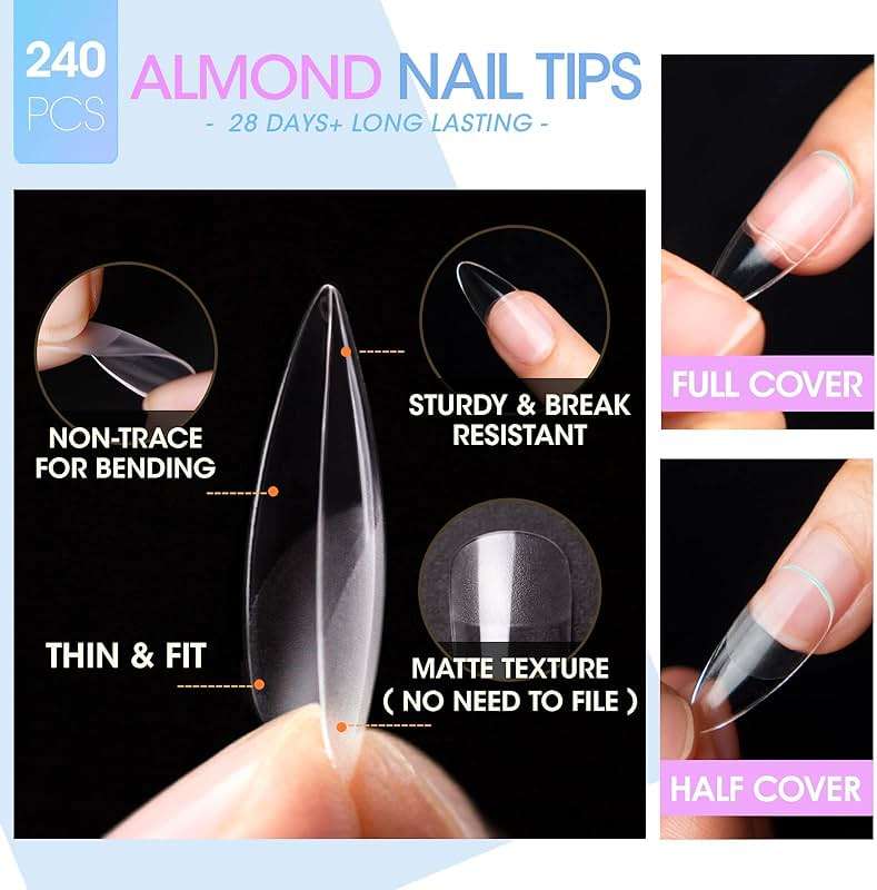 Gellen Gel Tips Nail Extension Kit, Gel Nail Kit with 240Pcs Almond Tips, 3 in 1 UV Glue for Nail Tips, Prep Dehydrator and Primer, U V LED Cure Lamp, Decorations for DIY Manicure Set - Image 4