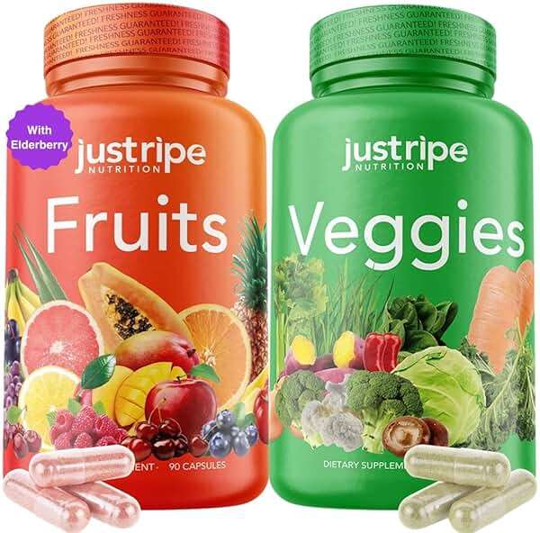 Fruits and Veggies Supplement - 90 Fruit and 90 Vegetable Capsules - 100% Whole Natural Superfood - Filled with Super Greens Vitamins and Minerals - Supports Balance Energy Levels (1 Pack) - Image 1
