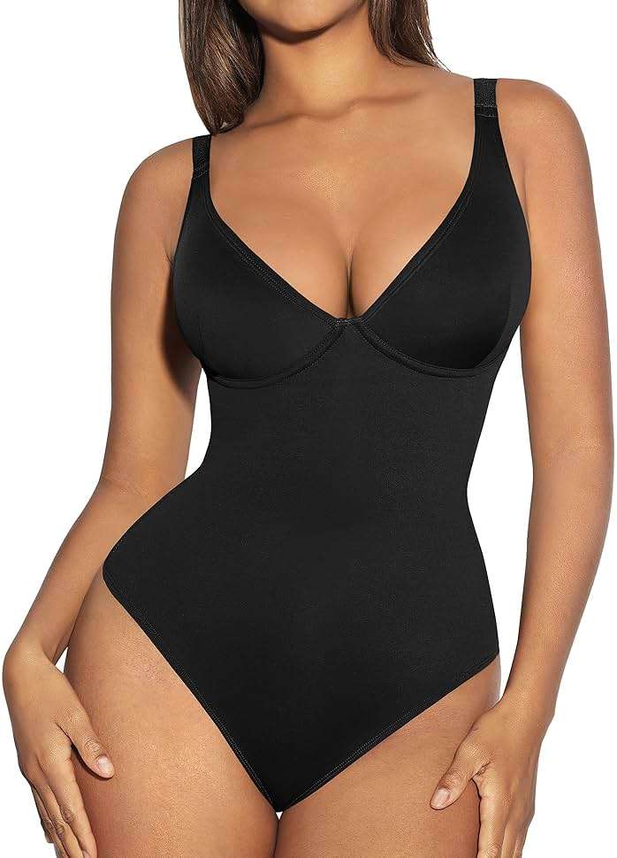 FeelinGirl Shapewear Bodysuits for Women Tummy Control Body Suits Deep V Neck Thong Body Shaper - Image 1