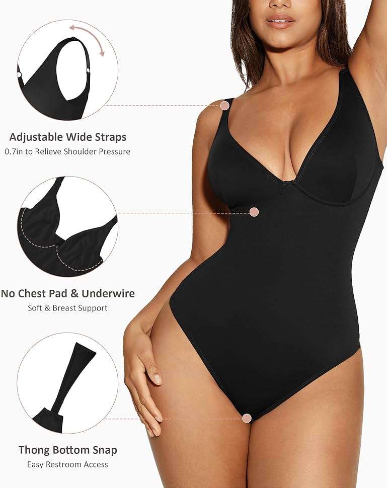 FeelinGirl Shapewear Bodysuits for Women Tummy Control Body Suits Deep V Neck Thong Body Shaper - Image 4