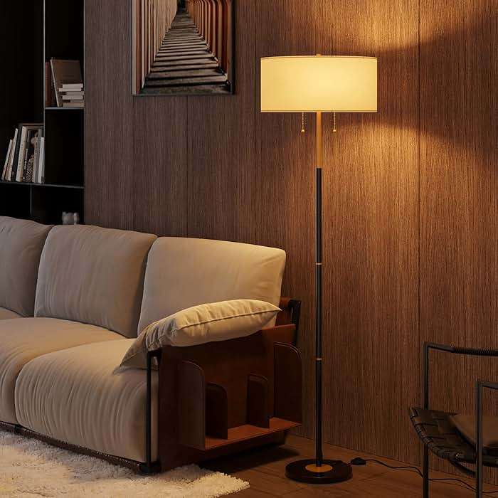 Karjoefar 2-Light Floor Lamp, Mid Century Floor Lamp with White Fabric Shade, Standing Lamp Tall Lamp for Living Room Bedroom, 3 Color Temperatures 9W Bulb Include - Image 1