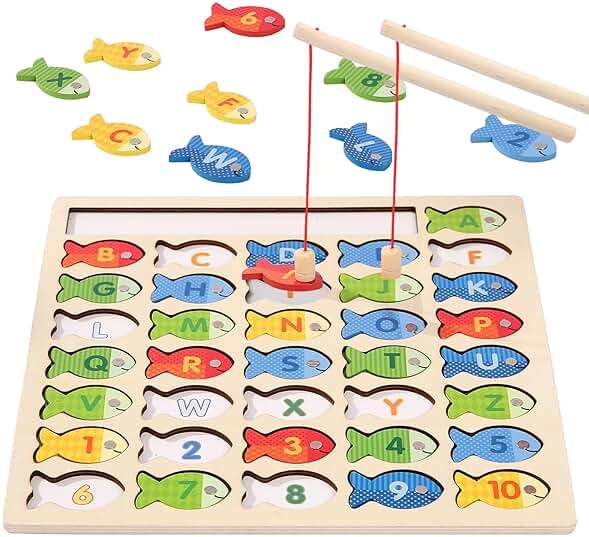 Diaodey Wooden Magnetic Fishing Game for Toddlers, Montessori Fine Motor Skills Toy with Letters and Numbers, Preschool Learning ABC and Puzzle Educational Toys Gift for 3 4 5+ Year Old Kids(2 Poles) - Image 1