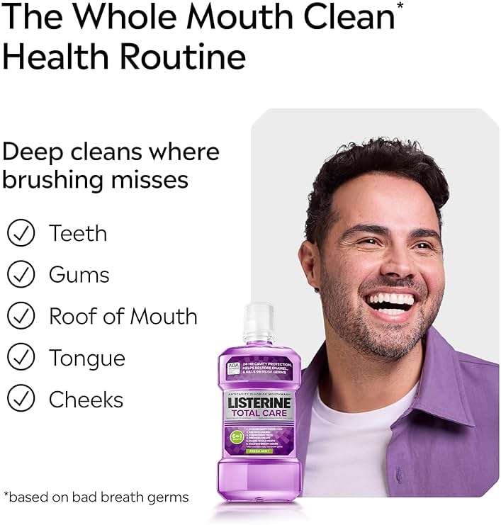 Listerine Mouthwash Total Care Anti Cavity Treatment for Adults Kills 99.9% of Bad Breath Germs in Intense Mint Antibacterial Fluoride Mouthwash, 2 pack of 33.8 fl oz​ - Image 4