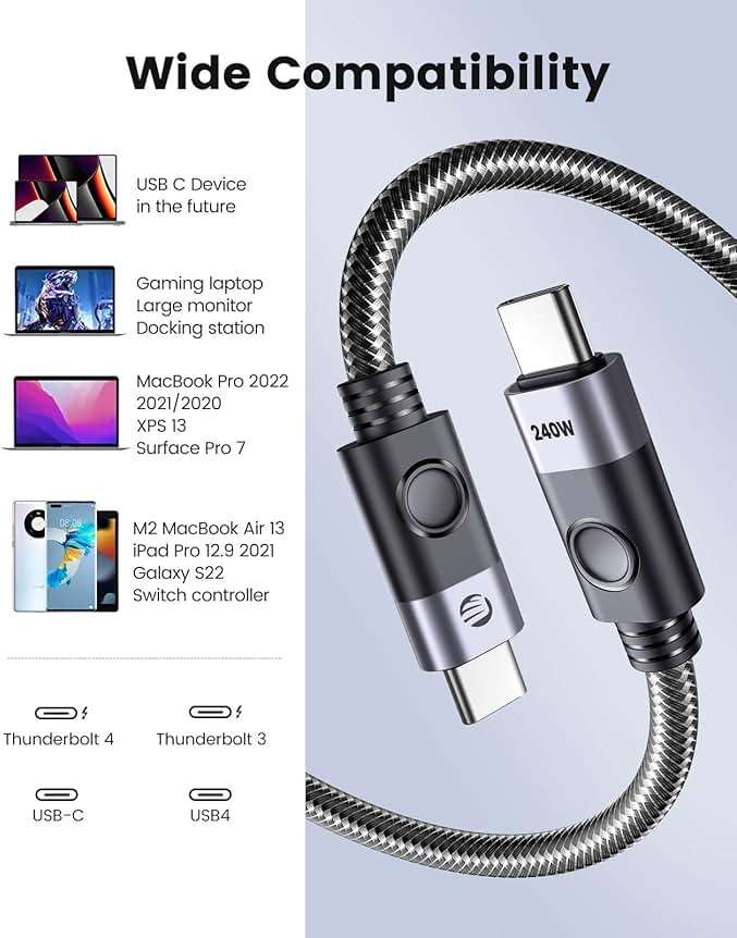 ORICO 1M USB C to USB C Cable, 240W PD 3.1 Charging, 20Gbps Data Transfer, Compatible with Dell, iPad, Pixel, Hub, Docking and More - Image 6