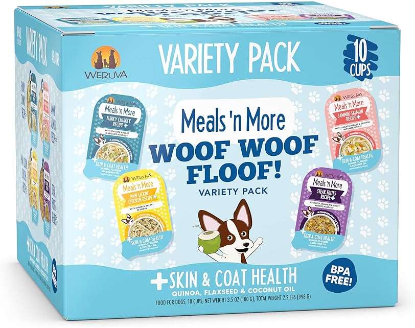 Weruva Meals 'n More Natural Wet Dog Food, Woof Woof Floof! Skin & Coat Health Variety Pack, 3.5oz Cup (Pack of 10) - Image 1