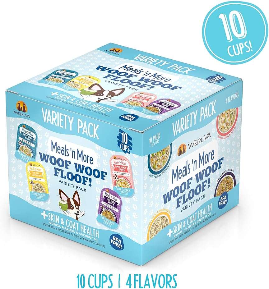 Weruva Meals 'n More Natural Wet Dog Food, Woof Woof Floof! Skin & Coat Health Variety Pack, 3.5oz Cup (Pack of 10) - Image 2
