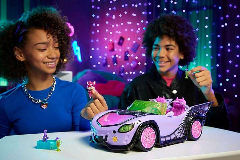 Monster High Toy Car, Ghoul Mobile with Pet and Cooler Accessories, Purple Convertible with Spiderweb Details - Image 2