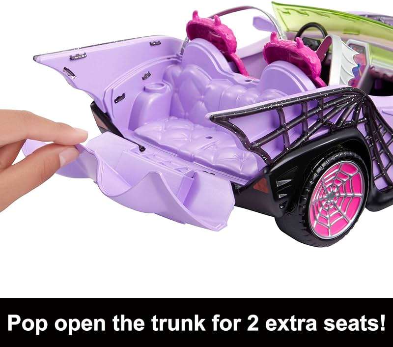 Monster High Toy Car, Ghoul Mobile with Pet and Cooler Accessories, Purple Convertible with Spiderweb Details - Image 3