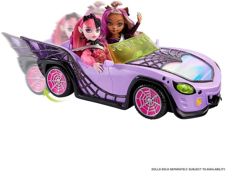 Monster High Toy Car, Ghoul Mobile with Pet and Cooler Accessories, Purple Convertible with Spiderweb Details - Image 5