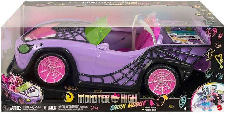 Monster High Toy Car, Ghoul Mobile with Pet and Cooler Accessories, Purple Convertible with Spiderweb Details - Image 6