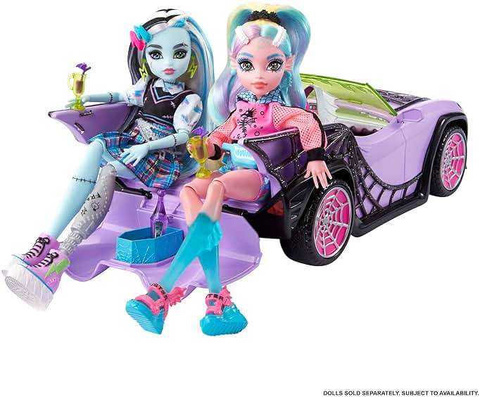 Monster High Toy Car, Ghoul Mobile with Pet and Cooler Accessories, Purple Convertible with Spiderweb Details - Image 7