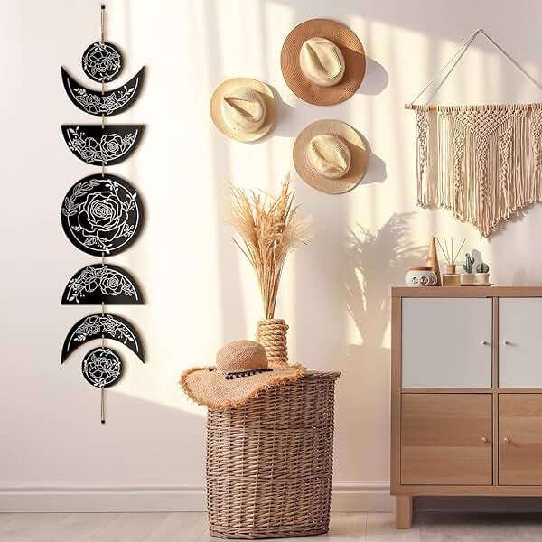 BBTO Boho Wall Decoration Moon Phases Wall Art Stars Moon Decoration Minimalist Room Wooden Gothic Witchy Door Pediments Hanging Sign(Black, White) - Image 2