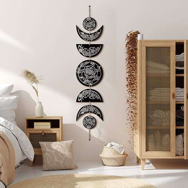 BBTO Boho Wall Decoration Moon Phases Wall Art Stars Moon Decoration Minimalist Room Wooden Gothic Witchy Door Pediments Hanging Sign(Black, White) - Image 6