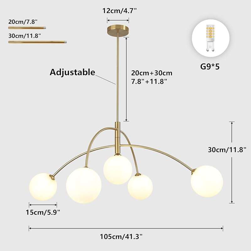 Fulesi Gold Chandelier 5-Light Glass Globe, Contemporary Mid Century Modern Sputnik Pendant Light Adjustable Brass Chandelier for Dining Room Living Room Entryway - Image 2