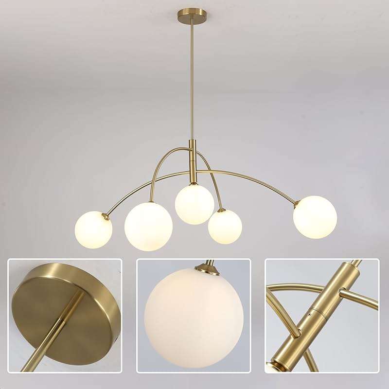 Fulesi Gold Chandelier 5-Light Glass Globe, Contemporary Mid Century Modern Sputnik Pendant Light Adjustable Brass Chandelier for Dining Room Living Room Entryway - Image 3