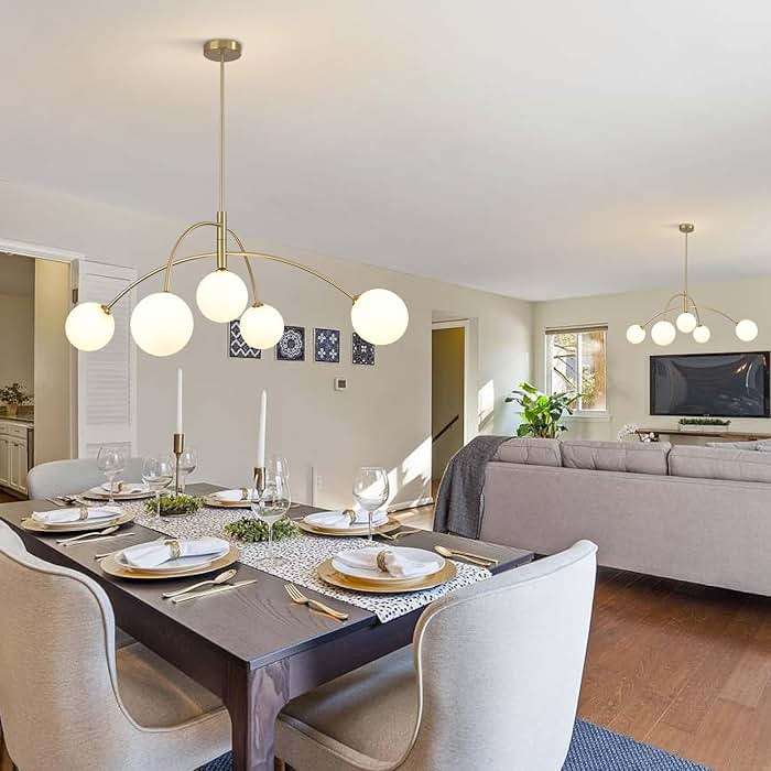 Fulesi Gold Chandelier 5-Light Glass Globe, Contemporary Mid Century Modern Sputnik Pendant Light Adjustable Brass Chandelier for Dining Room Living Room Entryway - Image 5