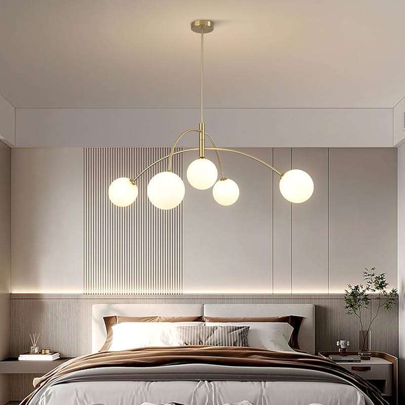 Fulesi Gold Chandelier 5-Light Glass Globe, Contemporary Mid Century Modern Sputnik Pendant Light Adjustable Brass Chandelier for Dining Room Living Room Entryway - Image 8