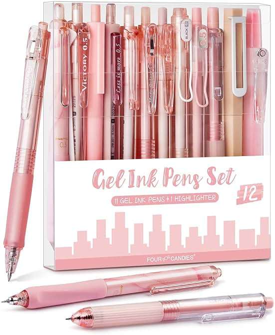 Four Candies Rose Series Gel Pens, Cute Writing Pens with Black & Pink Ink, 0.5 mm Smooth Fine Point, School Office Supplies Girly Stationery Aesthetic Desk Accessories for Women, Set of 12 - Image 1