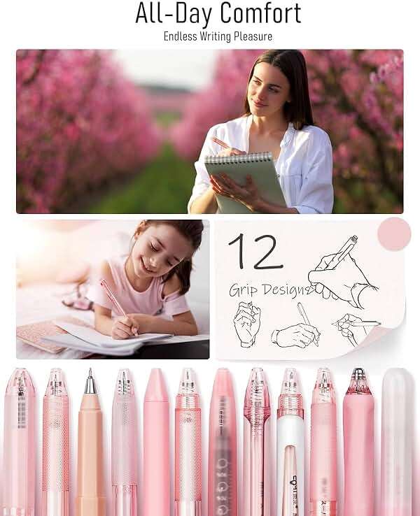 Four Candies Rose Series Gel Pens, Cute Writing Pens with Black & Pink Ink, 0.5 mm Smooth Fine Point, School Office Supplies Girly Stationery Aesthetic Desk Accessories for Women, Set of 12 - Image 6