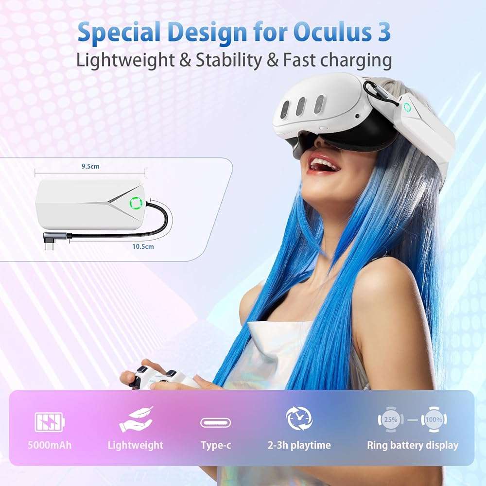 Battery Pack for Meta Quest 3/2, 5000mAh Extended Battery Charger for Oculus Quest 3/Quest 2, Lightweight VR Accessory Compatible with Original & Elite Strap – Double Playtime - Image 3