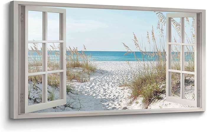 Window Beach Wall Art Prints: Modern Large Tropical Coastal Landscape Canvas Bedroom Blue Ocean Picture Relaxing Living Room Sea Scene Painting Horizontal Summer Seascape Artwork Decor - Image 1