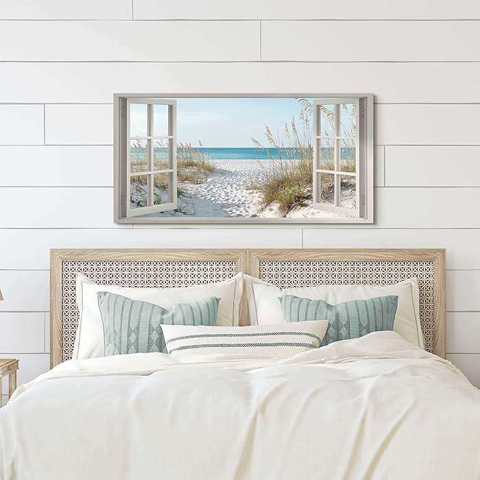 Window Beach Wall Art Prints: Modern Large Tropical Coastal Landscape Canvas Bedroom Blue Ocean Picture Relaxing Living Room Sea Scene Painting Horizontal Summer Seascape Artwork Decor - Image 2