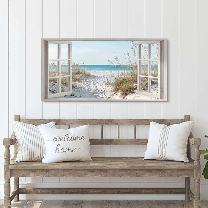 Window Beach Wall Art Prints: Modern Large Tropical Coastal Landscape Canvas Bedroom Blue Ocean Picture Relaxing Living Room Sea Scene Painting Horizontal Summer Seascape Artwork Decor - Image 3