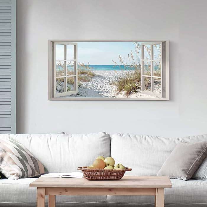Window Beach Wall Art Prints: Modern Large Tropical Coastal Landscape Canvas Bedroom Blue Ocean Picture Relaxing Living Room Sea Scene Painting Horizontal Summer Seascape Artwork Decor - Image 4