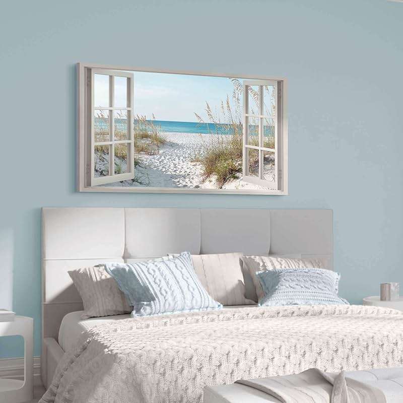 Window Beach Wall Art Prints: Modern Large Tropical Coastal Landscape Canvas Bedroom Blue Ocean Picture Relaxing Living Room Sea Scene Painting Horizontal Summer Seascape Artwork Decor - Image 5
