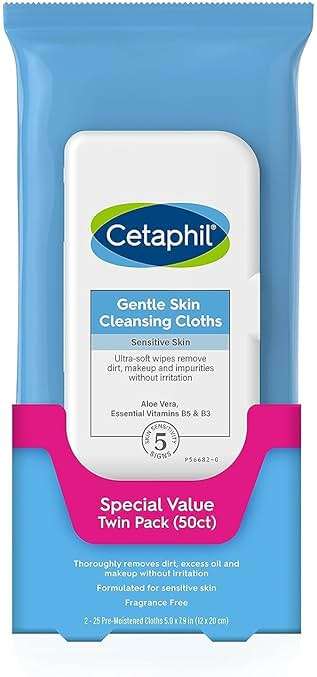 Cetaphil Face and Body Wipes, Gentle Skin Cleansing Cloths, 50 Count, Twin Pack, for Dry, Sensitive Skin, Flip Top Closure, Great for the Gym, Travel, in the Car, Hypoallergenic, Fragrance Free - Image 1