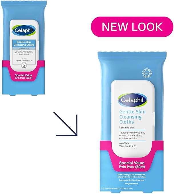 Cetaphil Face and Body Wipes, Gentle Skin Cleansing Cloths, 50 Count, Twin Pack, for Dry, Sensitive Skin, Flip Top Closure, Great for the Gym, Travel, in the Car, Hypoallergenic, Fragrance Free - Image 3