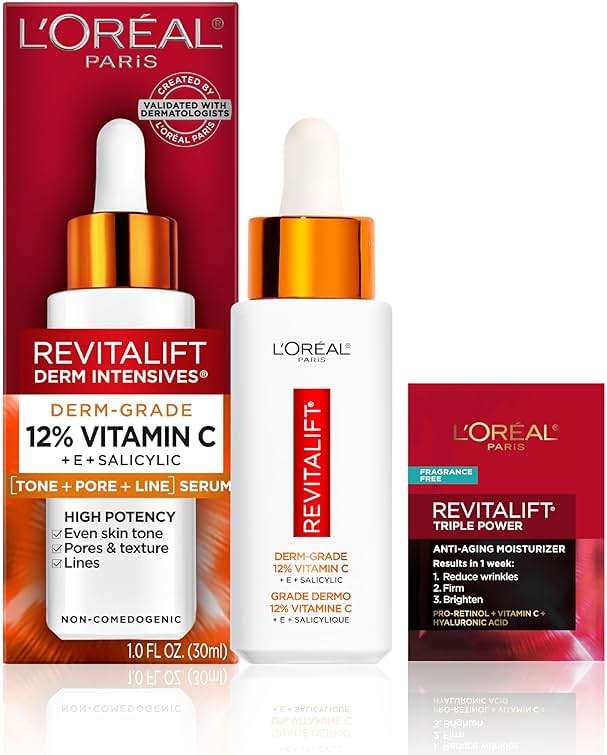 L'Oreal Paris Revitalift 12% Pure Vitamin C Serum, Brightening Serum For Face with Vitamin E, Salicylic Acid, 1 oz + Moisturizer Sample - Image 1