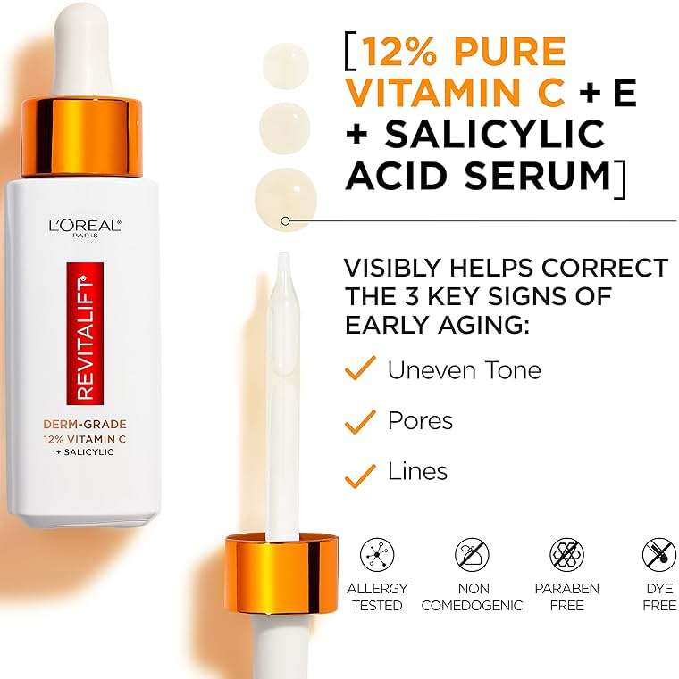 L'Oreal Paris Revitalift 12% Pure Vitamin C Serum, Brightening Serum For Face with Vitamin E, Salicylic Acid, 1 oz + Moisturizer Sample - Image 3
