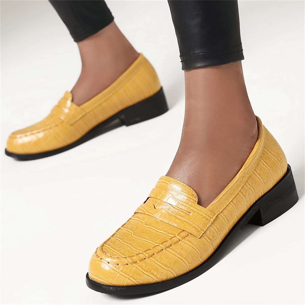 Elbslutt Women's Patent Leather Loafers Low Chunky Heel Slip On Pumps Round Toe Casual Shoes - Image 4