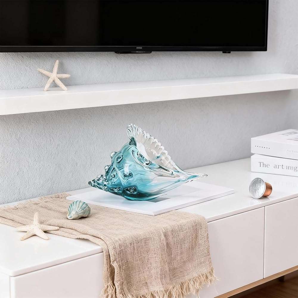 Hand-blown glass conch sculpture, modern green sea glass art decorative conch statue, coastal decor shell sculpture, suitable for living room TV cabinets, offices, shelf decorations and ornaments. - Image 2