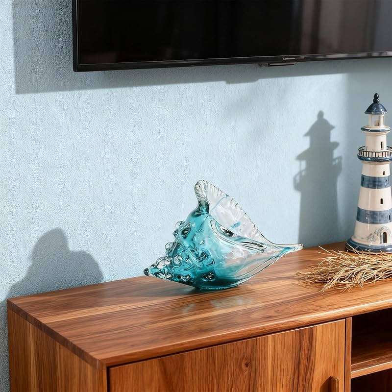Hand-blown glass conch sculpture, modern green sea glass art decorative conch statue, coastal decor shell sculpture, suitable for living room TV cabinets, offices, shelf decorations and ornaments. - Image 6