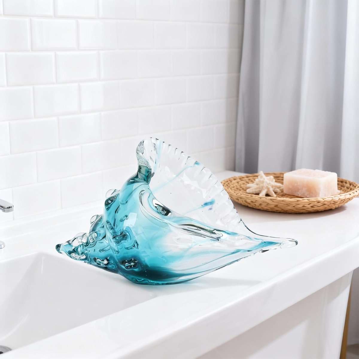 Hand-blown glass conch sculpture, modern green sea glass art decorative conch statue, coastal decor shell sculpture, suitable for living room TV cabinets, offices, shelf decorations and ornaments. - Image 8