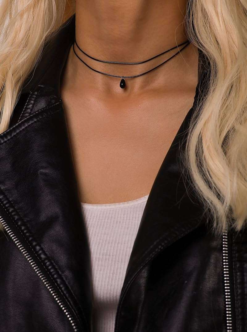 Sacina Layered Black Choker Necklace, Glass Teardrop Chocker, Gothic Black Choker, Boho Goth Necklace, Christmas Jewelry Gift for Women - Image 2